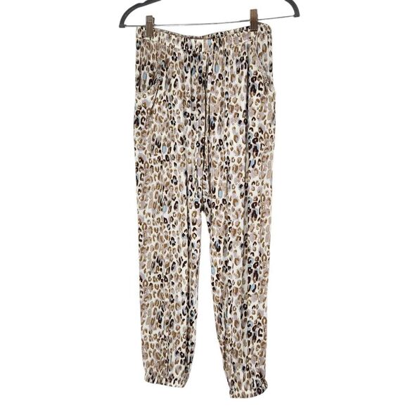 Olivaceous Cream Leopard Print Cropped Joggers with Raw Edge Accents Size Small - Picture 1 of 10